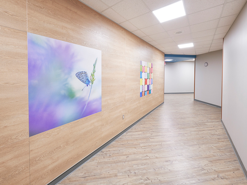 A hallway decorated with a bright, abstract painting and an image of a butterfly at Tower Behavioral Health